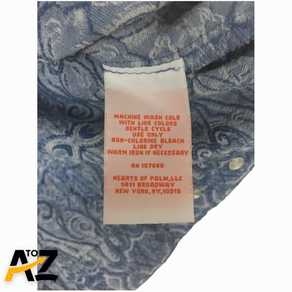 Hearts Of Palm Mens Long Sleeve Top Size 12 Blue Print Button-Up Collared Pocket - Picture 10 of 12